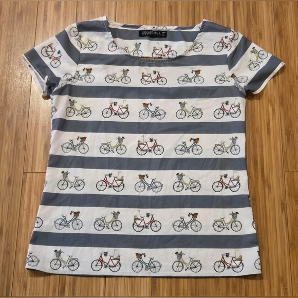 NWOT Sugarhill Striped Bicycle Print Top - Picture 1 of 7